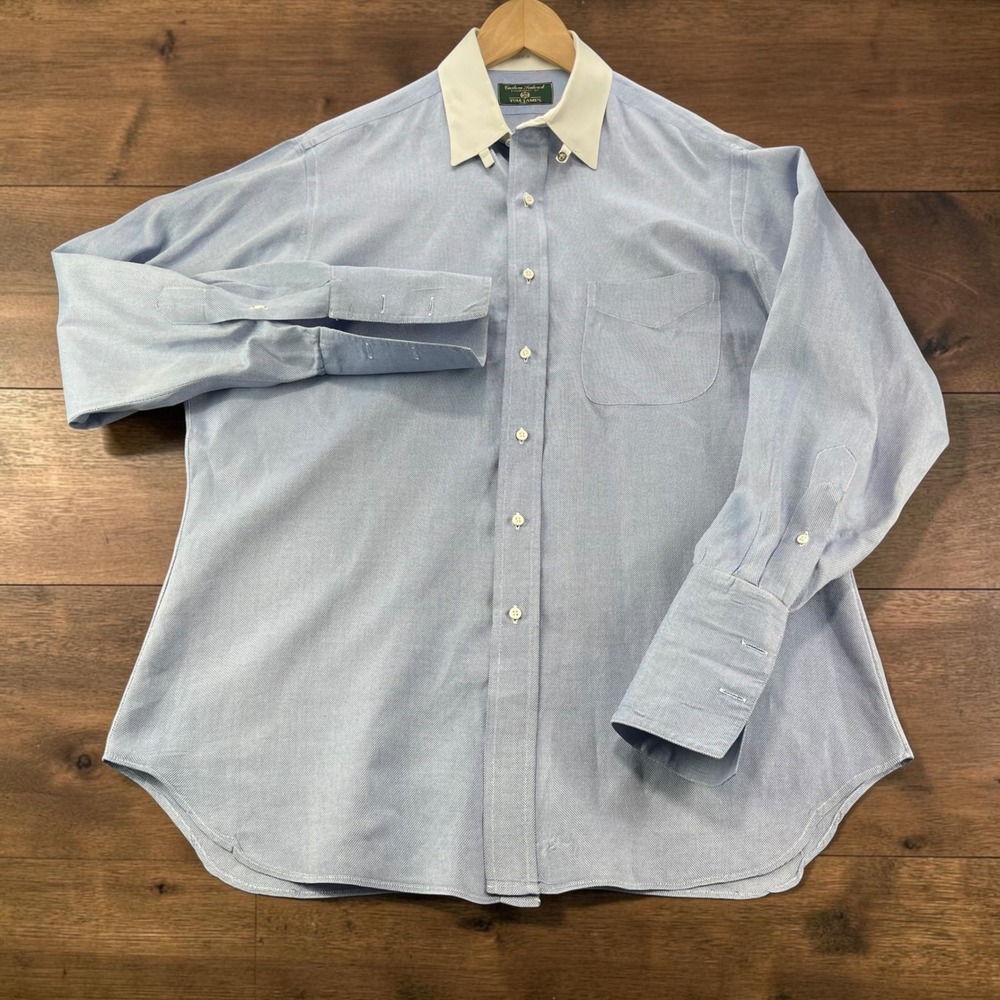 Tom James Custom Mens 17/17.5 Blue Contrast White Tab Collar French Cuff Shirt